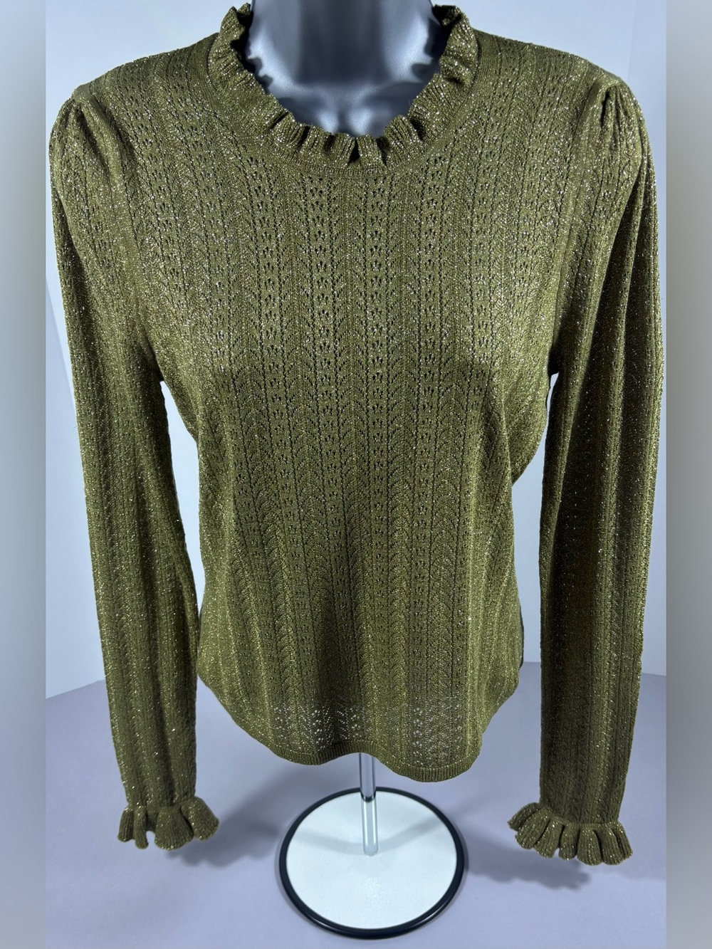 DÔEN Metallic Pointelle Ruffle Sweater Spanish Moss Olive Size Medium